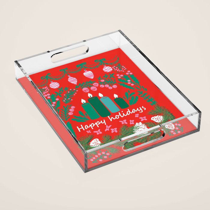 happy holidays greetings - folk art illustration Acrylic Tray Gallery Image 1