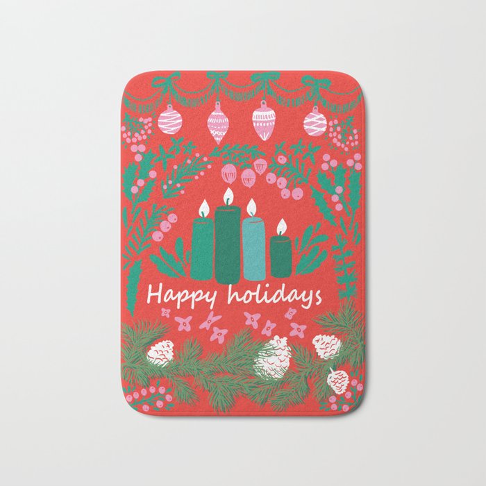 happy holidays greetings - folk art illustration Bath Mat Gallery Image 1