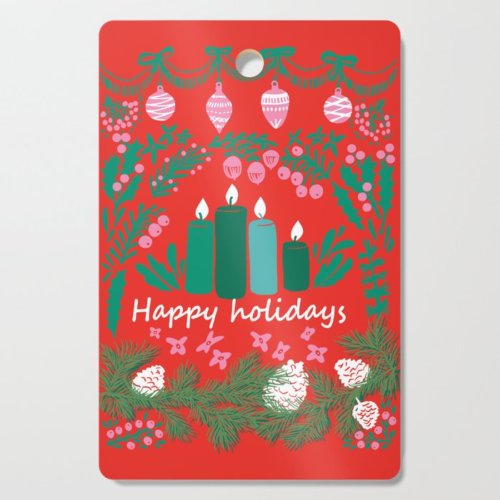 happy holidays greetings - folk art illustration Cutting Board Gallery Image 1