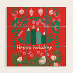 happy holidays greetings - folk art illustration Wood Wall Art Gallery Image 1