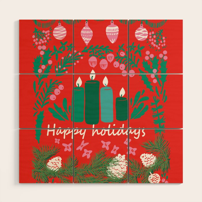 happy holidays greetings - folk art illustration Wood Wall Art Gallery Image 1