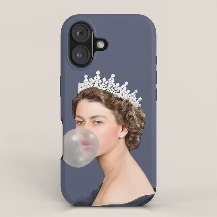 Queen Elizabeth in blue satin blowing a bubble gum iPhone Case Gallery Image 1