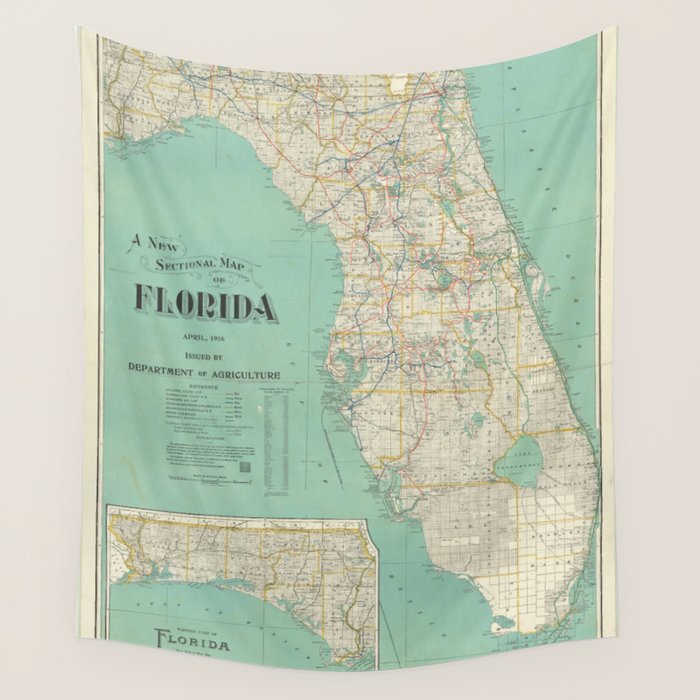 Vintage Florida Map (1916) Wall Tapestry Gallery Image 1