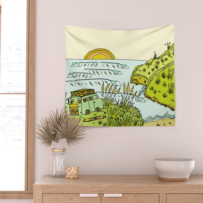 home is where you park it // wandering in new zealand // retro surf art by surfy birdy Wall Tapestry Gallery Image 2