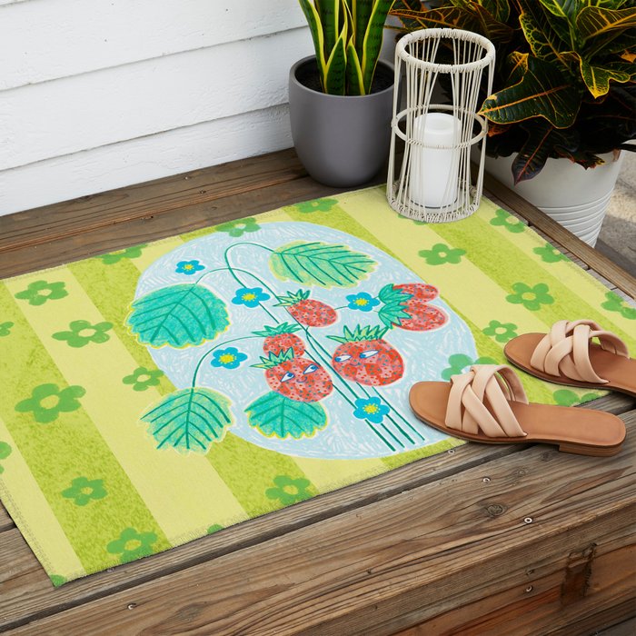 Sweet Strawberry Plant Friends in Lime & Pink Outdoor Rug Gallery Image 2
