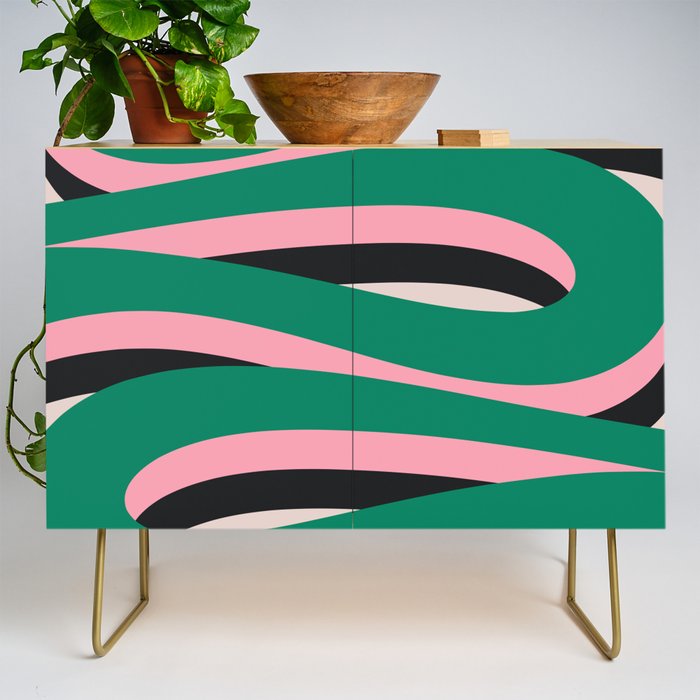 Pop Swirl Wavy Abstract Line Pattern Green Pink Black Credenza Gallery Image 1