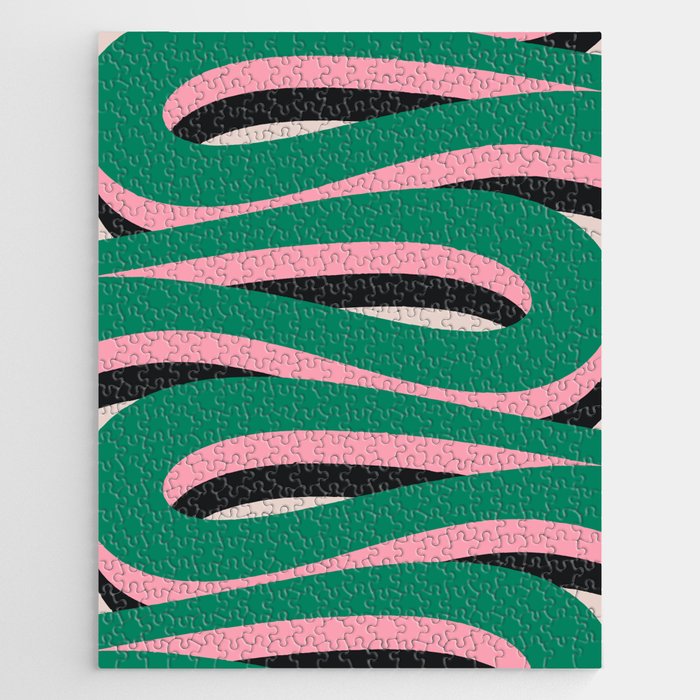Pop Swirl Wavy Abstract Line Pattern Green Pink Black Jigsaw Puzzle Gallery Image 1