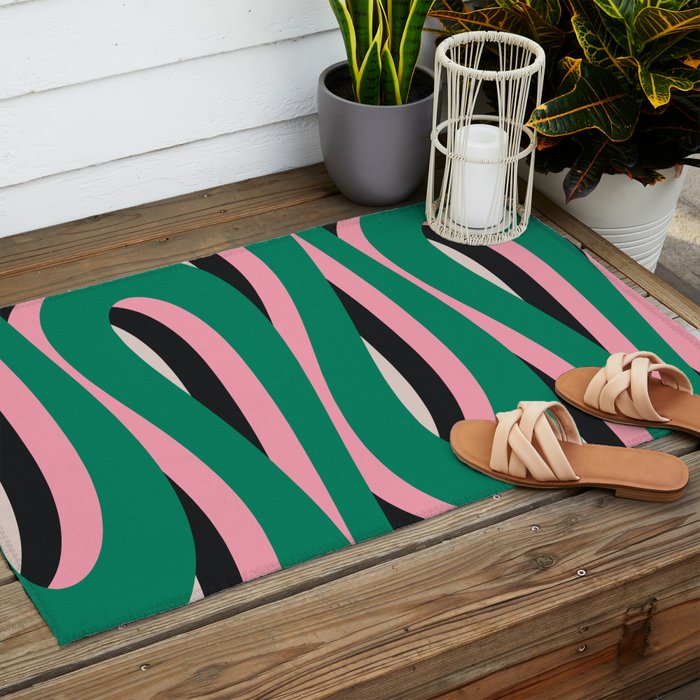 Pop Swirl Wavy Abstract Line Pattern Green Pink Black Outdoor Rug Gallery Image 2