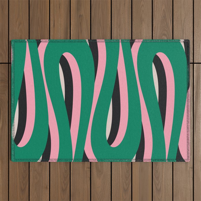 Pop Swirl Wavy Abstract Line Pattern Green Pink Black Outdoor Rug Gallery Image 1
