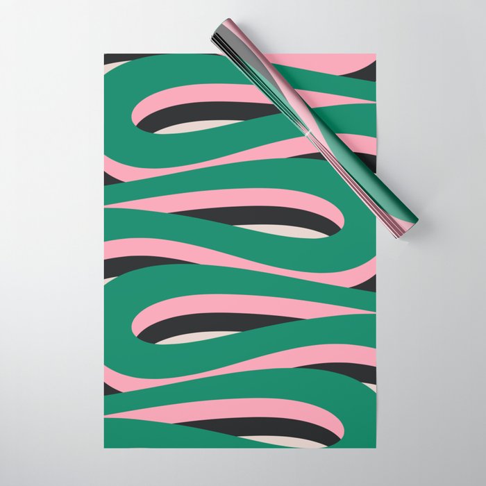 Pop Swirl Wavy Abstract Line Pattern Green Pink Black Wrapping Paper Gallery Image 1