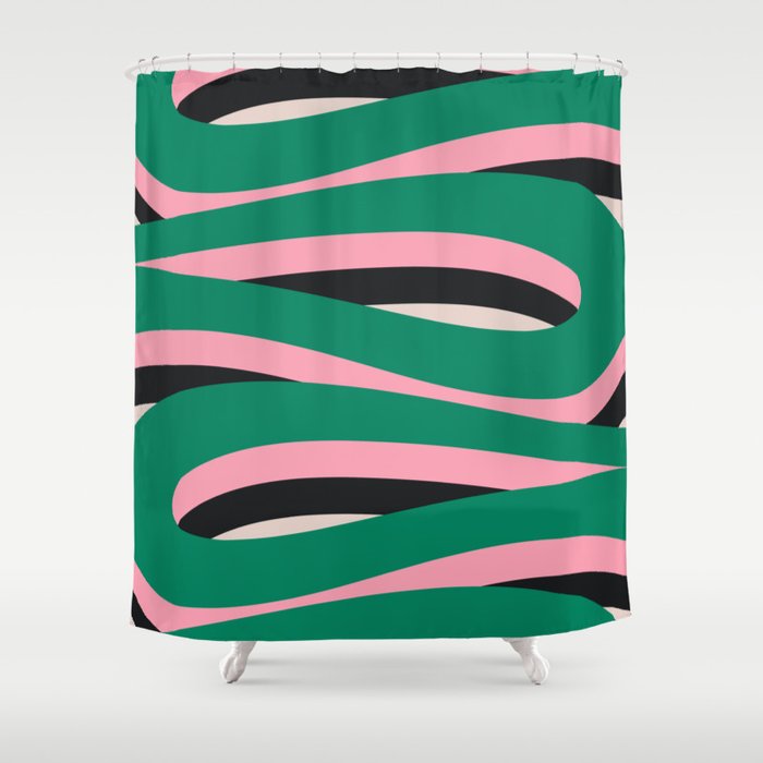 Pop Swirl Wavy Abstract Line Pattern Green Pink Black Shower Curtain Gallery Image 1