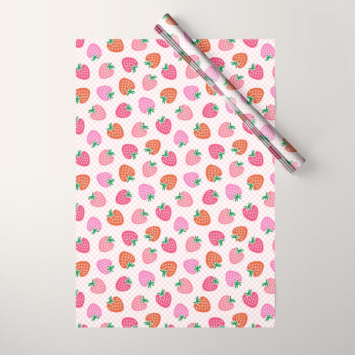 Strawberry Toss on Checks - Pink and Green Wrapping Paper Gallery Image 1