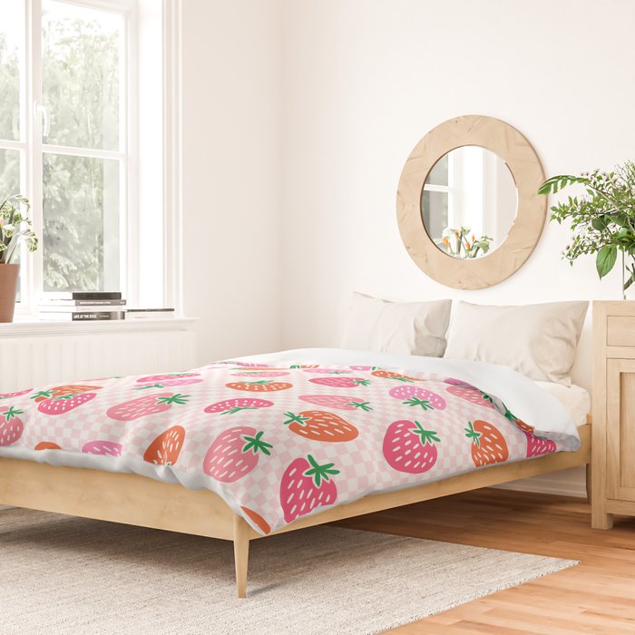 Strawberry Toss on Checks - Pink and Green Duvet Cover Gallery Image 2