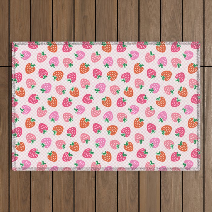 Strawberry Toss on Checks - Pink and Green Outdoor Rug Gallery Image 1