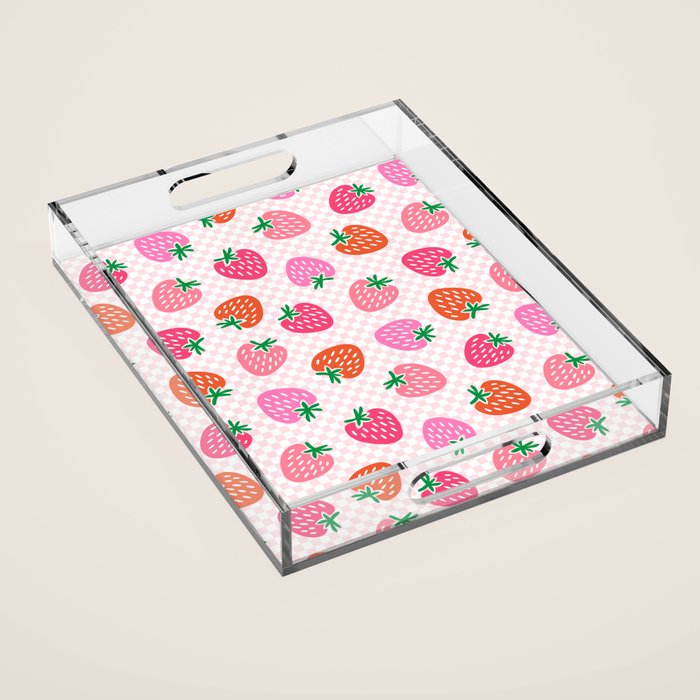 Strawberry Toss on Checks - Pink and Green Acrylic Tray Gallery Image 1