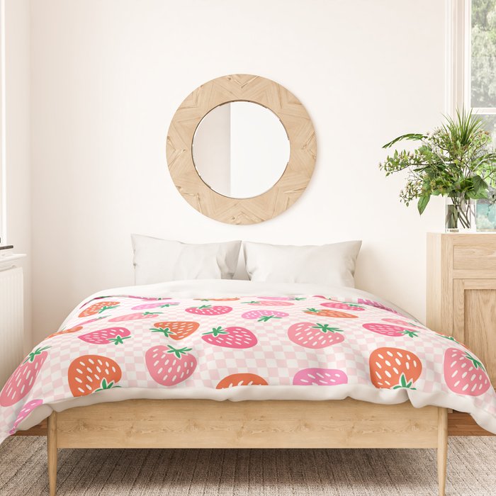 Strawberry Toss on Checks - Pink and Green Duvet Cover Gallery Image 3