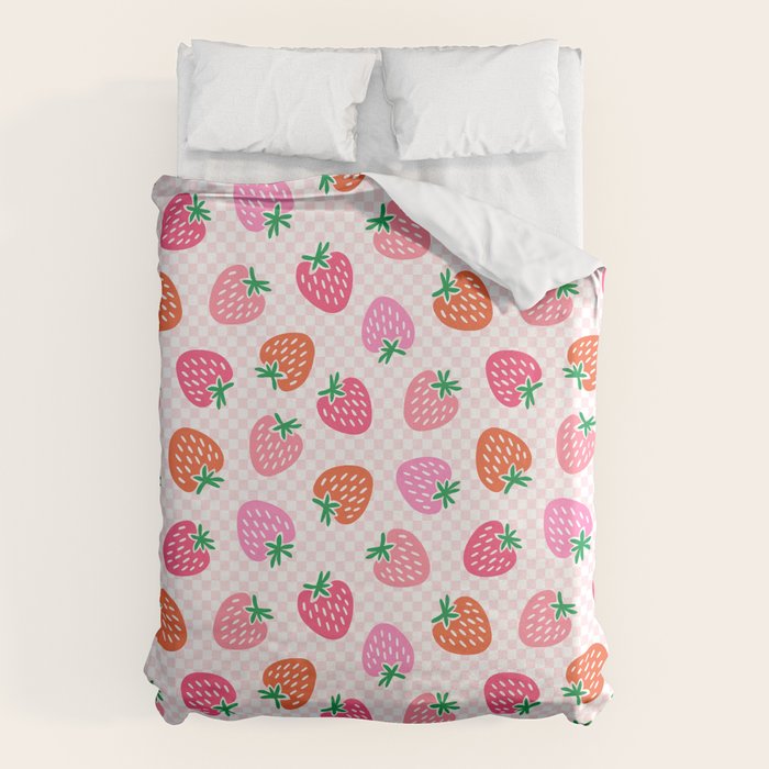 Strawberry Toss on Checks - Pink and Green Duvet Cover Gallery Image 6