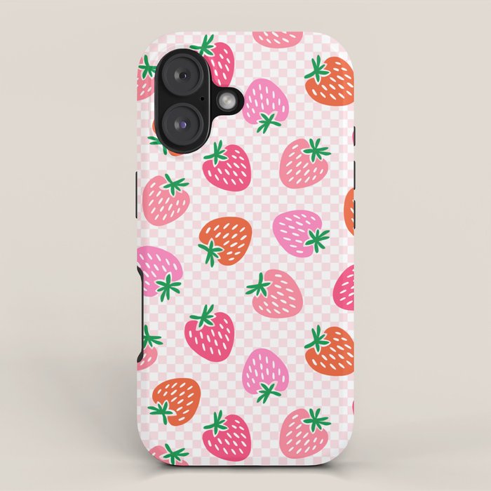 Strawberry Toss on Checks - Pink and Green iPhone Case Gallery Image 1