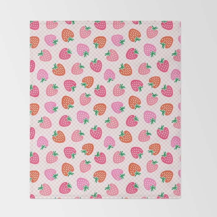 Strawberry Toss on Checks - Pink and Green Throw Blanket Gallery Image 2