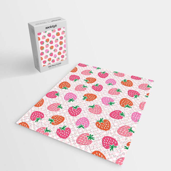 Strawberry Toss on Checks - Pink and Green Jigsaw Puzzle Gallery Image 2