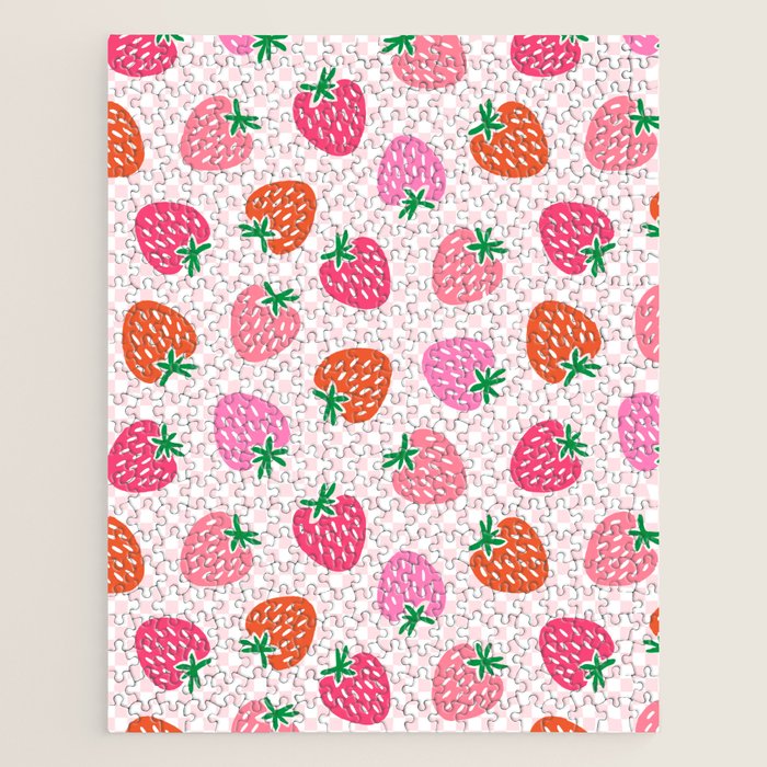 Strawberry Toss on Checks - Pink and Green Jigsaw Puzzle Gallery Image 1
