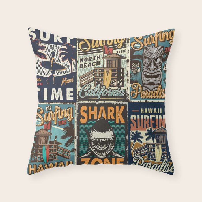 Vintage Surfing Poster Throw Pillow Gallery Image 6