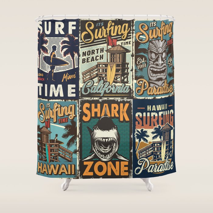 Vintage Surfing Poster Shower Curtain Gallery Image 1