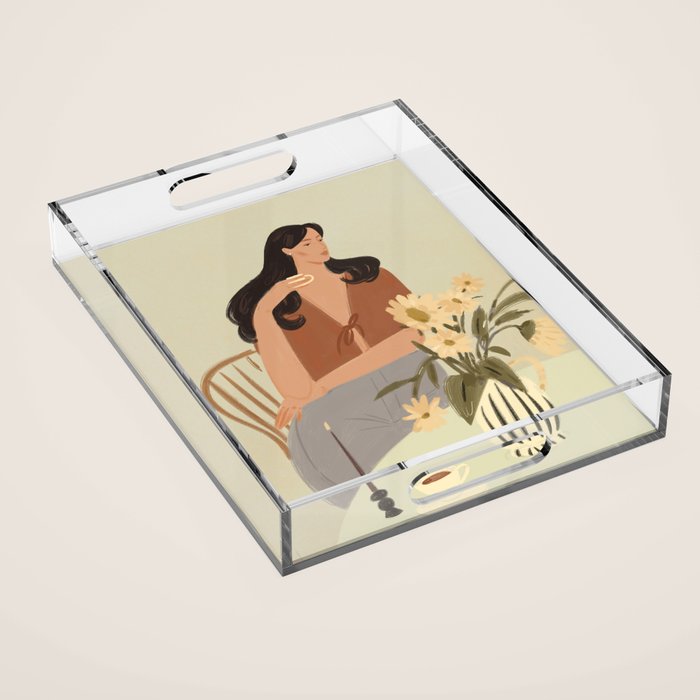 portrait of a fragile woman at a table with flowers Acrylic Tray Gallery Image 1