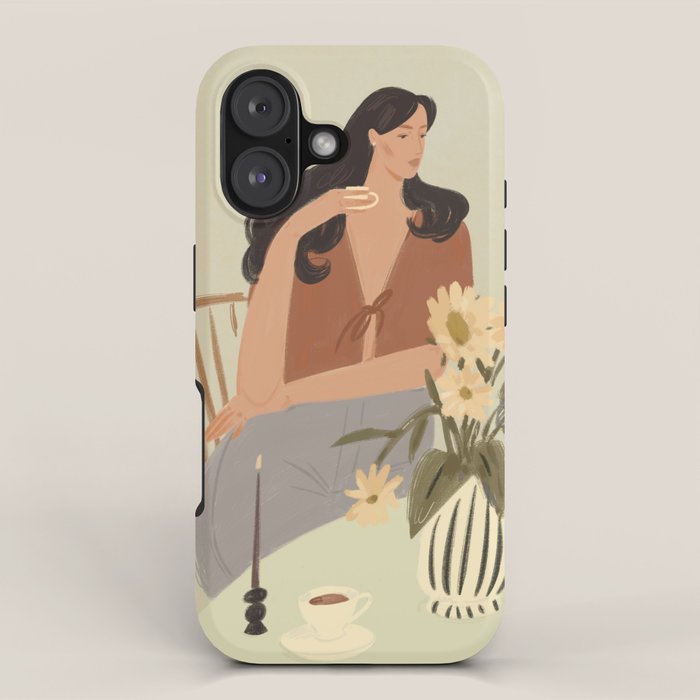portrait of a fragile woman at a table with flowers iPhone Case Gallery Image 1