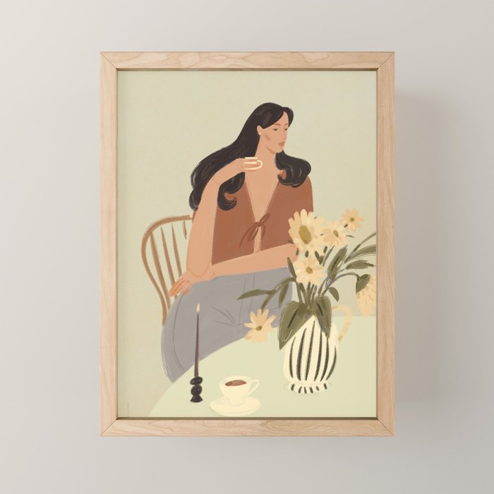 portrait of a fragile woman at a table with flowers Mini Art Print Gallery Image 1