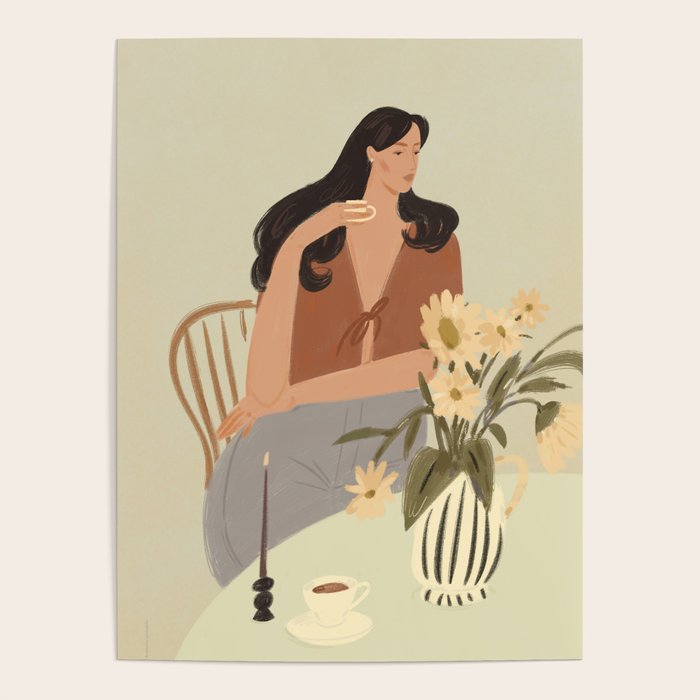 portrait of a fragile woman at a table with flowers Poster Gallery Image 1