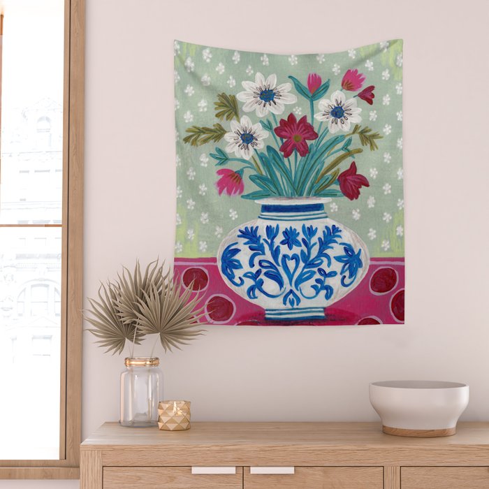 Still Life Vase with Wild Flowers Bouquet Bright colours Wall Tapestry Gallery Image 2
