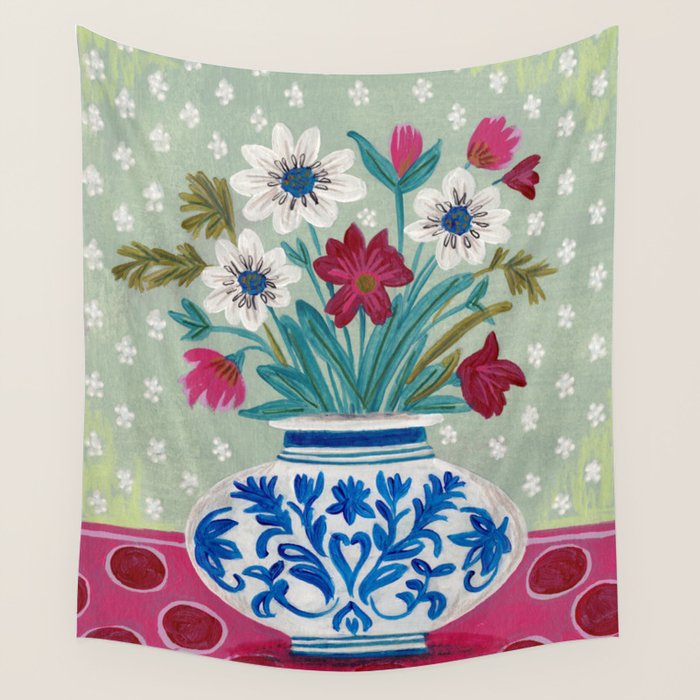 Still Life Vase with Wild Flowers Bouquet Bright colours Wall Tapestry Gallery Image 1