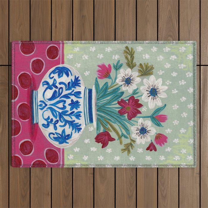 Still Life Vase with Wild Flowers Bouquet Bright colours Outdoor Rug Gallery Image 1