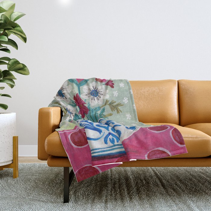 Still Life Vase with Wild Flowers Bouquet Bright colours Throw Blanket Gallery Image 1