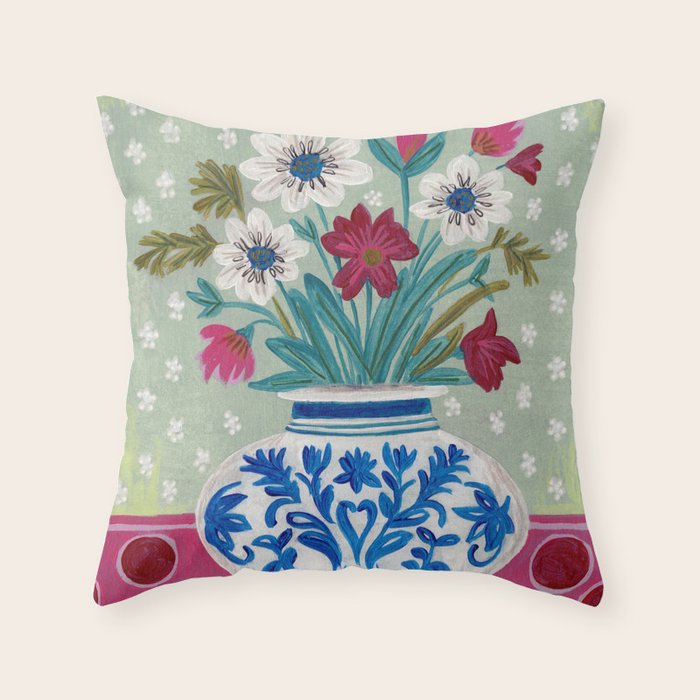 Still Life Vase with Wild Flowers Bouquet Bright colours Throw Pillow Gallery Image 1
