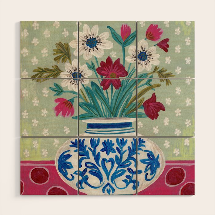Still Life Vase with Wild Flowers Bouquet Bright colours Wood Wall Art Gallery Image 1