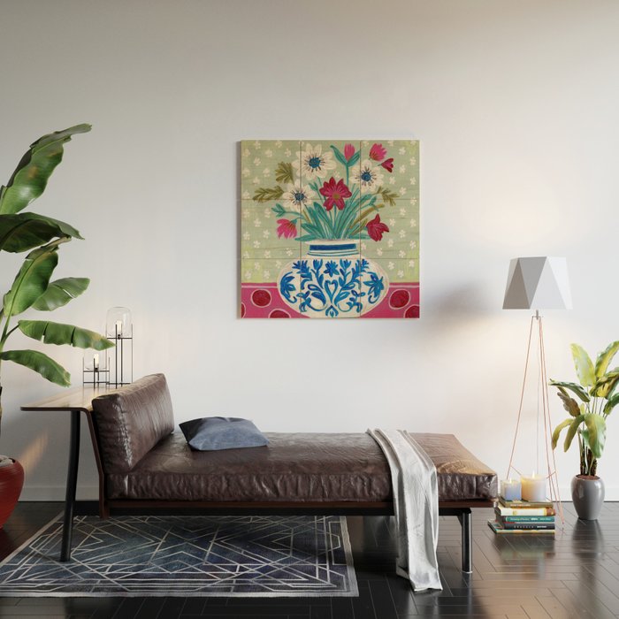 Still Life Vase with Wild Flowers Bouquet Bright colours Wood Wall Art Gallery Image 2