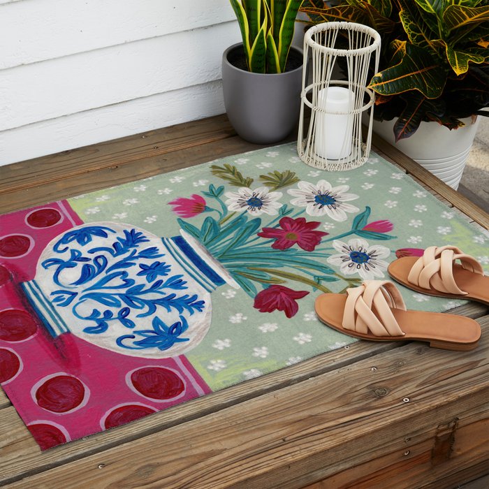 Still Life Vase with Wild Flowers Bouquet Bright colours Outdoor Rug Gallery Image 2
