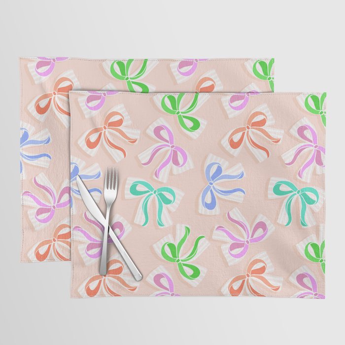 Ditsy Kitsch Ribbons and bows 1. Pastel Rainbow colours on Peach Placemat Gallery Image 1