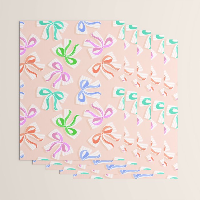 Ditsy Kitsch Ribbons and bows 1. Pastel Rainbow colours on Peach Wrapping Paper Gallery Image 3