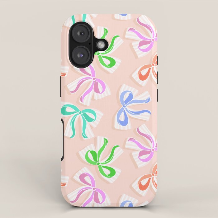 Ditsy Kitsch Ribbons and bows 1. Pastel Rainbow colours on Peach iPhone Case Gallery Image 1