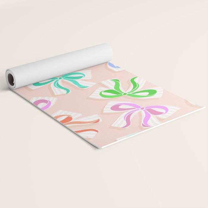 Ditsy Kitsch Ribbons and bows 1. Pastel Rainbow colours on Peach Yoga Mat Gallery Image 2