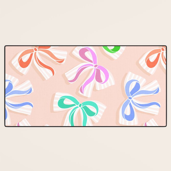 Ditsy Kitsch Ribbons and bows 1. Pastel Rainbow colours on Peach Desk Mat Gallery Image 3