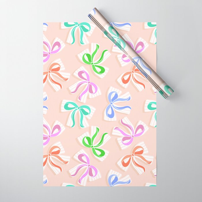Ditsy Kitsch Ribbons and bows 1. Pastel Rainbow colours on Peach Wrapping Paper Gallery Image 1