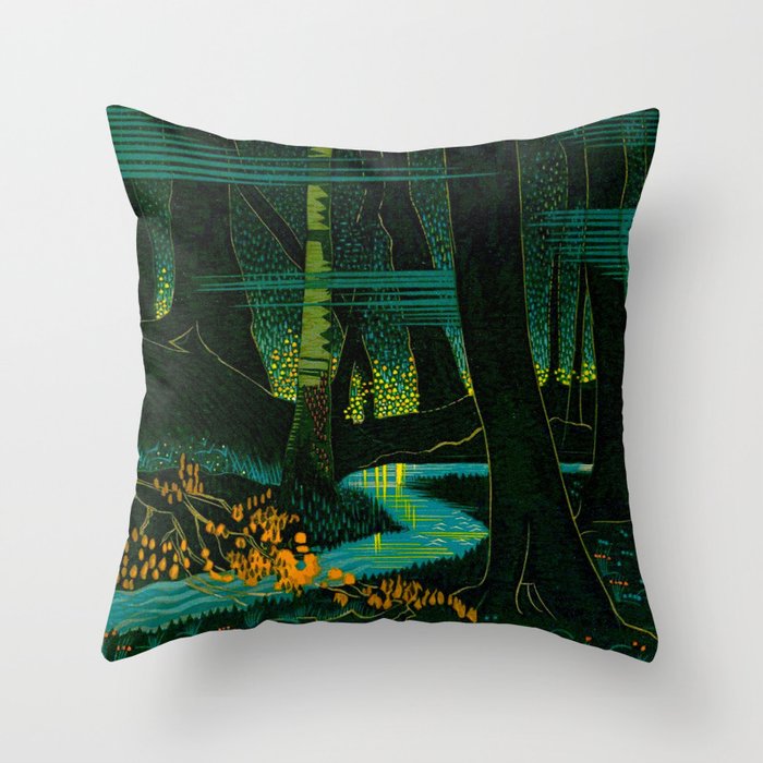 Magical Dark Fantasy Forest Woodblock Throw Pillow Gallery Image 1