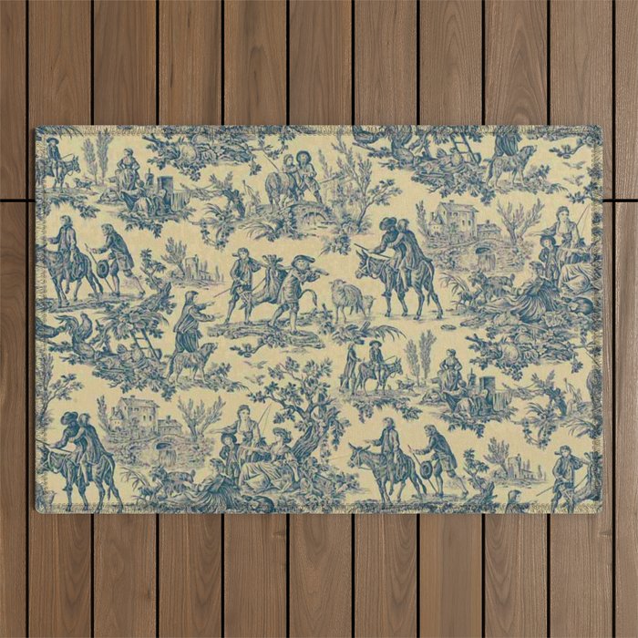 Sepia Blue Toile de Jouy Outdoor Rug Gallery Image 1