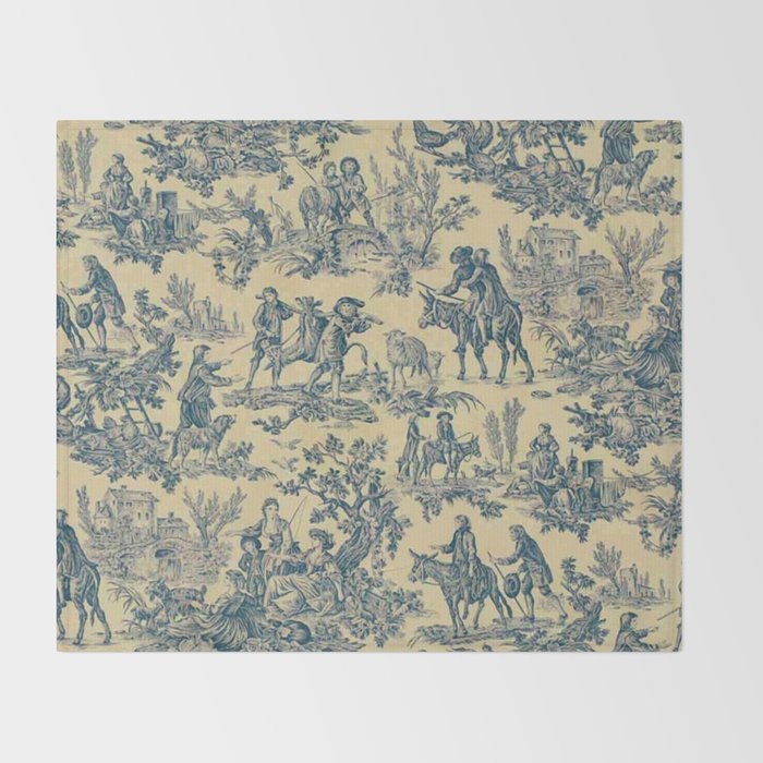 Sepia Blue Toile de Jouy Throw Blanket Gallery Image 2