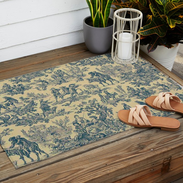 Sepia Blue Toile de Jouy Outdoor Rug Gallery Image 2