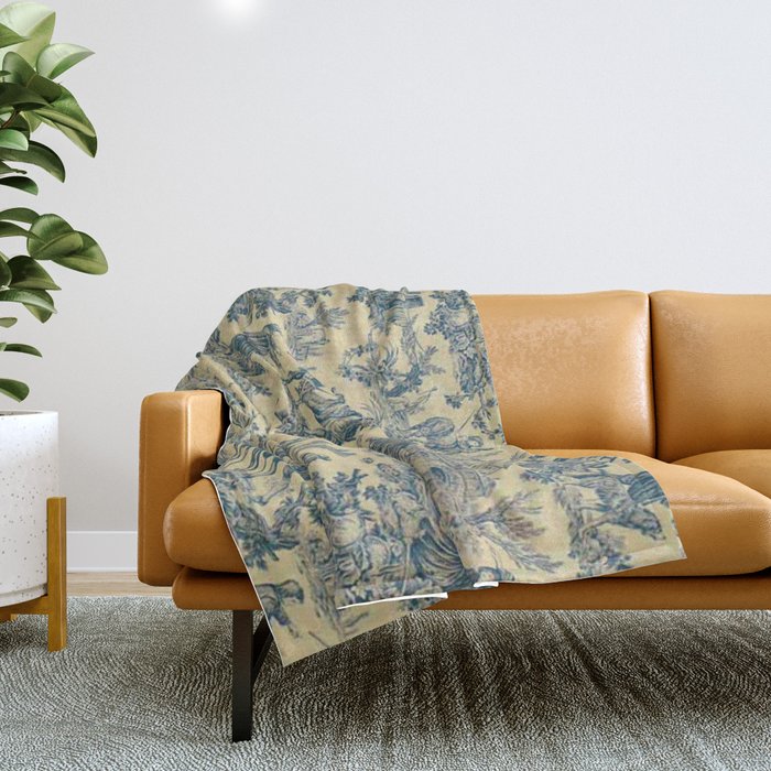 Sepia Blue Toile de Jouy Throw Blanket Gallery Image 1